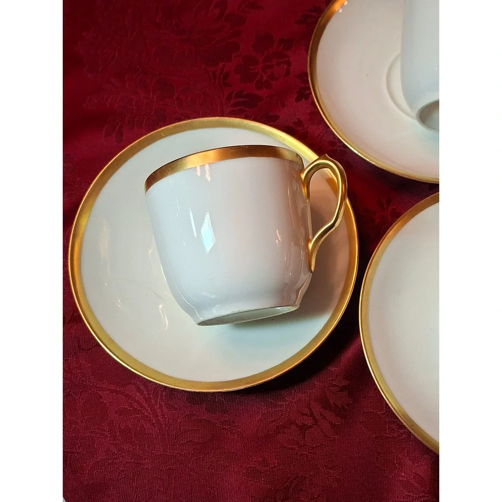 3 Haviland Limoges France Gold Gilt White‎ Porcelain Demitasse Cup & Saucers